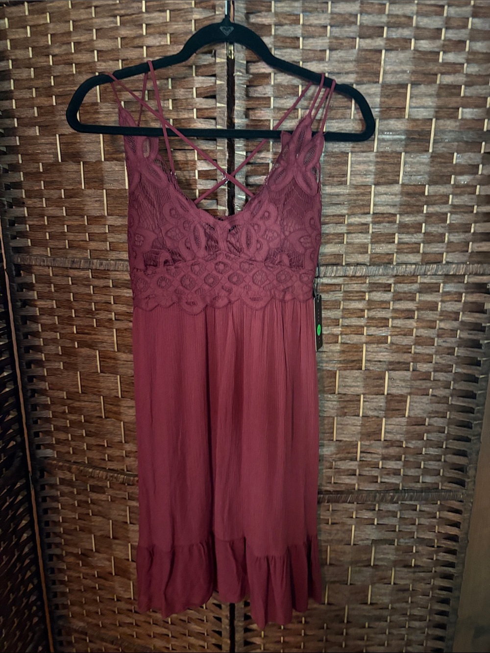 Lace-Detail Burgundy Midi Dress with Strappy Back